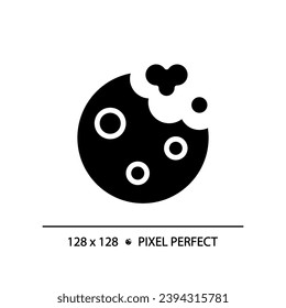 Cookies pixel perfect black glyph icon. Round biscuit. Baked snack. Bakery menu. Sweet treat. Pastry shop. Silhouette symbol on white space. Solid pictogram. Vector isolated illustration