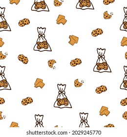 cookies with cookies in the plastic bag illustration on white background. chocolate chips cookies. sweet dessert. seamless pattern, hand drawn vector. doodle art for wallpaper, wrapping paper,backdrop