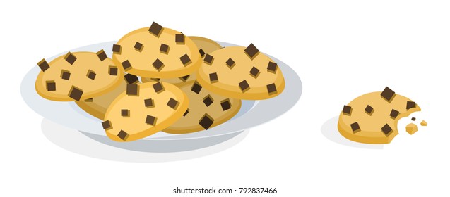 Cookies plate snacks, vector cartoon illustration design element horizontal, over white, isolated