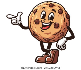 Cookies with pointing hand cartoon mascot illustration character vector clip art hand drawn