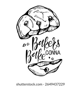 Cookies poster. Bake it lettering with Hand drawn Cookies sketch. Black-white illustration. Typography poster for wall kitchen art, shirt design. Hand written brush calligraphy quote. Sweet dessert.
