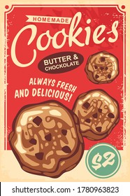 Cookies poster design made in retro style. Vintage vector with red background.