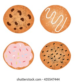  Cookies for Poster  flavoured cartoon cookies, for sweets and desserts meals in fast food and take out menu. Vector set of four round cookies isolated on a white background.