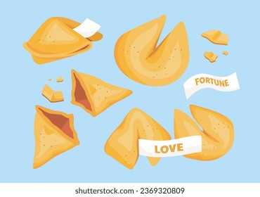 Cookies with predictions concept. Bakery and pastry products with papers. Dessert and delicacy, sweet eating and food. Cartoon flat vector collection isolated on blue background
