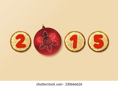 Cookies with red numbers and Christmas ball with snowflake form together the number 2015