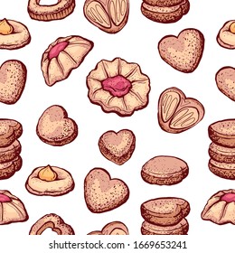 Cookies, repetitiver Hintergrund. Nahtlose Kekse-Muster. Handgezeichneter Stil, Vektorillustration.