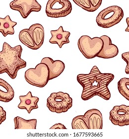 Cookies, repetitiver Hintergrund. Nahtlose Kekse-Muster. Handgezeichneter Stil, Vektorillustration.