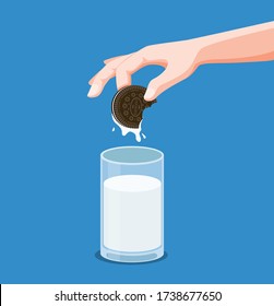 Cookies sandwich chocolate with milk, hand dipping cookies to fresh milk in cartoon flat illustration vector in blue background