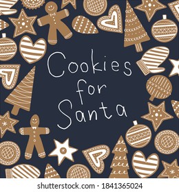 Cookies for santa child hand lettering. Christmas greeting card. Ugly font design for bright holiday celebration in gingerbread cookie round frame. Handwriting childish font.