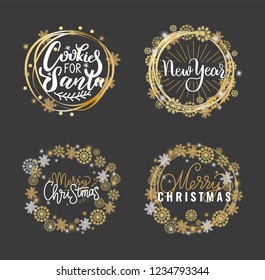 Cookies for Santa, Merry Christmas and happy holidays inscription, warm wishes on New Year, lettering signs. Calligraphic doodles in wreath of snowflakes