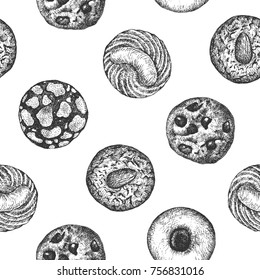 Cookies seamless pattern background design template. Vintage black and white illustration. Sweet and Baked vector element.