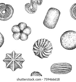 Cookies seamless pattern background design template. Vintage black and white illustration. Sweet and Baked vector element.