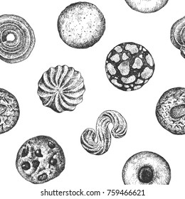 Cookies seamless pattern background design template. Vintage black and white illustration. Sweet and Baked vector element.