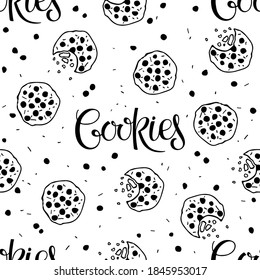 Cookies seamless pattern. Hand drawn sketch element with handwritten lettering. For cafe, menu, wall art. Sweet dessert. Freshly baked chocolate cookie icon and text. Food pattern.