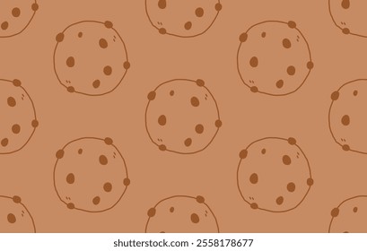 Cookies seamless pattern. Hand Drawn Cute chocolate cookie isolated on a brown background. Vector illustration