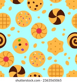 Cookies seamless pattern on blue background. Snack food repeat tile design. Tasty baked assorted biscuits with crumb wallpaper. Traditional crispy treat. Wrapping paper creative vector illustration.