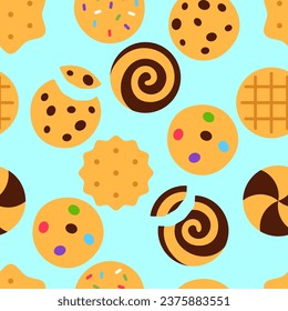 Cookies seamless pattern on blue background. Snack food repeat tile design. Tasty baked assorted biscuits with crumb, missing bite wallpaper. Crispy treat wrapping paper creative vector illustration.