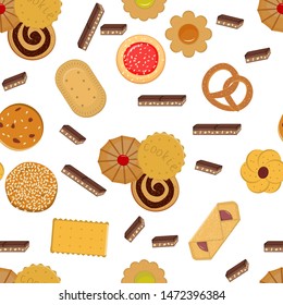 Cookies. Seamless vector pattern of different cookies and pieces of chocolate on a white background of loyal packaging, design, scrapbooking, decoration