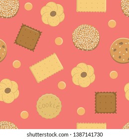 Cookies seamless vector pattern on pink background for design, decoration, packaging, fabric