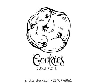  Cookies Secret Recipe lettering. isolated on white. Text with hand drawn sketch element. Typography poster for wall kitchen art, t-shirt design. Hand written brush calligraphy quote. Sweet dessert.