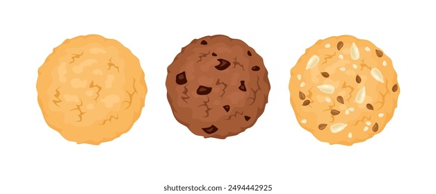 Cookies gesetzt. Keks mit Samen, Schokolade und Haferflocken. Vektorgrafik Cartoon flache Illustration.