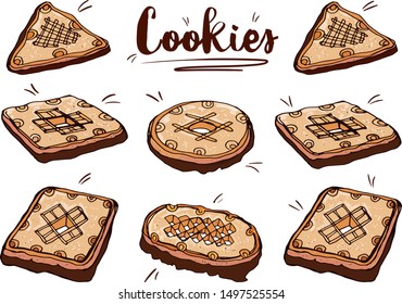 Cookies. Set of cartoon vector food icons isolated on white background. Set of few different tasty cookies with black and white chocolate, red berries and with decoration in heart shape