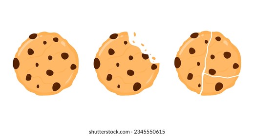 Cookies set with chocolate chip.  Flat vector illustration isolated on white background.