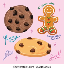 Cookies set collection with dark and light chocochips and ginger bread man cookies for christmas vibes. Vector illustration with cartoon flat art style and isolated on pink plain background.