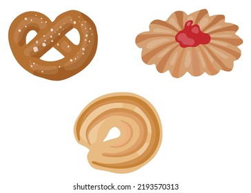 Cookies set. Pretzel, kurabje. Hand drawn vector illustration. Suitable for website, stickers, postcards, menu.