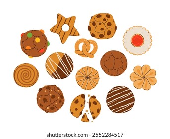 Cookies Definido com pretzel, Cookies em forma redonda, estrelas e flores com batatas fritas de chocolate, açúcar e marmelada. Massa de baunilha de chocolate, recheio de geleia e topings de gergelim