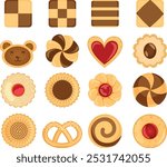 Cookies Set with Square, Heart, Teddy Bear, Pinwheel, Flower, Pretzel and Round Shaped Cookies. Chocolate Vanilla Dough, Jam Filled and Sesame Toppings 