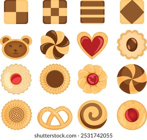 Juego de galletas con cuadrado, corazón, oso de peluche, molinete, flor, pretzel y galletas de forma redonda. Masa de chocolate y vainilla, relleno de mermelada y aderezos de sésamo 