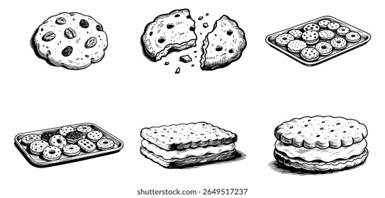 Cookies set, vector engraving style illustration