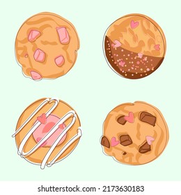Cookies setzen Vektorgrafik auf blauem Hintergrund. Rosa Erdbeere, Schokoladenchips, Marmelade gefüllt, bestreut Nachtisch. Bäckereimenü-Design.