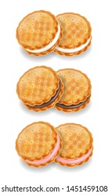 Cookies set Vector realistic. Product placement mock up. Vanilla, chocolate and berry cream. 3d illustration