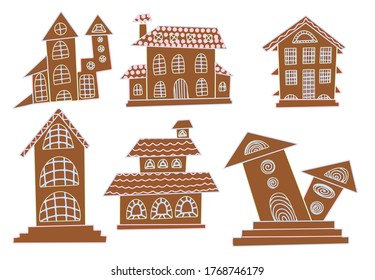 Cookies in the shape of buildings. set of hand drawn gingerbread houses decorated with sugar icing. gingerbread city.