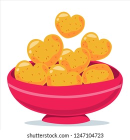 Cookies In The Shape Of Hearts. Baking In A Bowl. Vector Illustration In Cartoon Style.