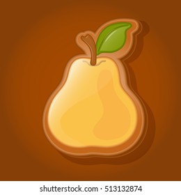 Cookies in the shape of a pear. Vector illustration of  glazed gingerbread  isolated on brown background.
