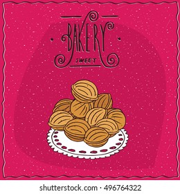 Cookies from a shortcake dough in the form of walnuts in shell, lie in a heap on a lacy napkin. Magenta background and ornate lettering bakery. Handmade cartoon style. Vector illustration