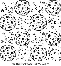 Cookies sketch seamless pattern. Bakery hand drawn vintage background. Vector illustration in sketch style. Pastry engraving design