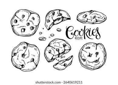 Cookies sketch set isolated on white background. Chocolate chip biscuit collection. Hand drawn chocolate chip cookie elements for package, menu, recipe. Sketch ink graphic cookies set. Sweet dessert.