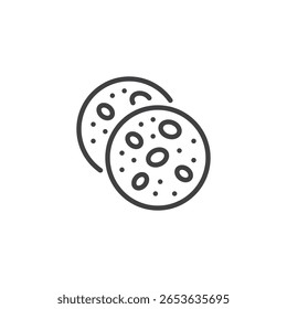 Cookies snack line icon with chocolate chips. Delicious outline vector icon. Dessert symbol and food logo. This icon fits baking, snack, and sweet treat themes.