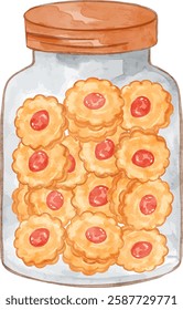 Cookies with strawberry jam in a jar. Watercolor vector cookies fit for label, cooking books or eid al fitr assets