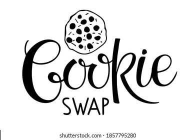 Cookies swap lettering isolated on white. Text with hand drawn sketch element. Christmas Typography poster for wall art, t-shirt design. Hand written brush calligraphy quote. Sweet dessert