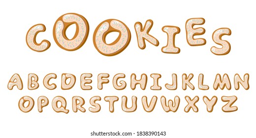 Cookies and sweet gingerbreads christmas alphabet. Merry Christmas and Happy New Year numbers are covered with icy sugar. Holidays ginger cookies isolated on white background. Vector illustration