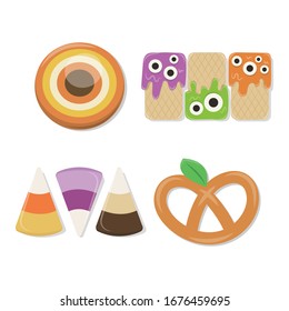 Ilustración vectorial de las galletas y dulces aislados en fondo blanco. Cookies y vectores de maíz dulce. Conjunto de dulces y dulces de Halloween. 