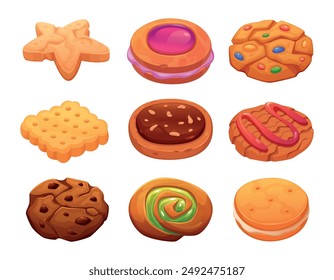 Galletas. Sabrosos y deliciosos productos de yami diferentes tipos de galletas Vector exacto crujiente aperitivo postre productos ilustraciones