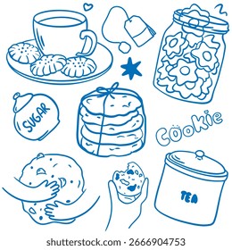 Kekse und Teeservice, Doodle, Vektorgrafik 