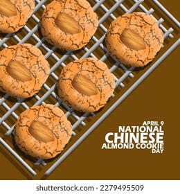 Cookies topped with almonds that have just been cooked out of the oven and bold text on brown background to celebrate National Chinese Almond Cookie Day on April 9