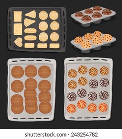 Cookies in tray, icon set.